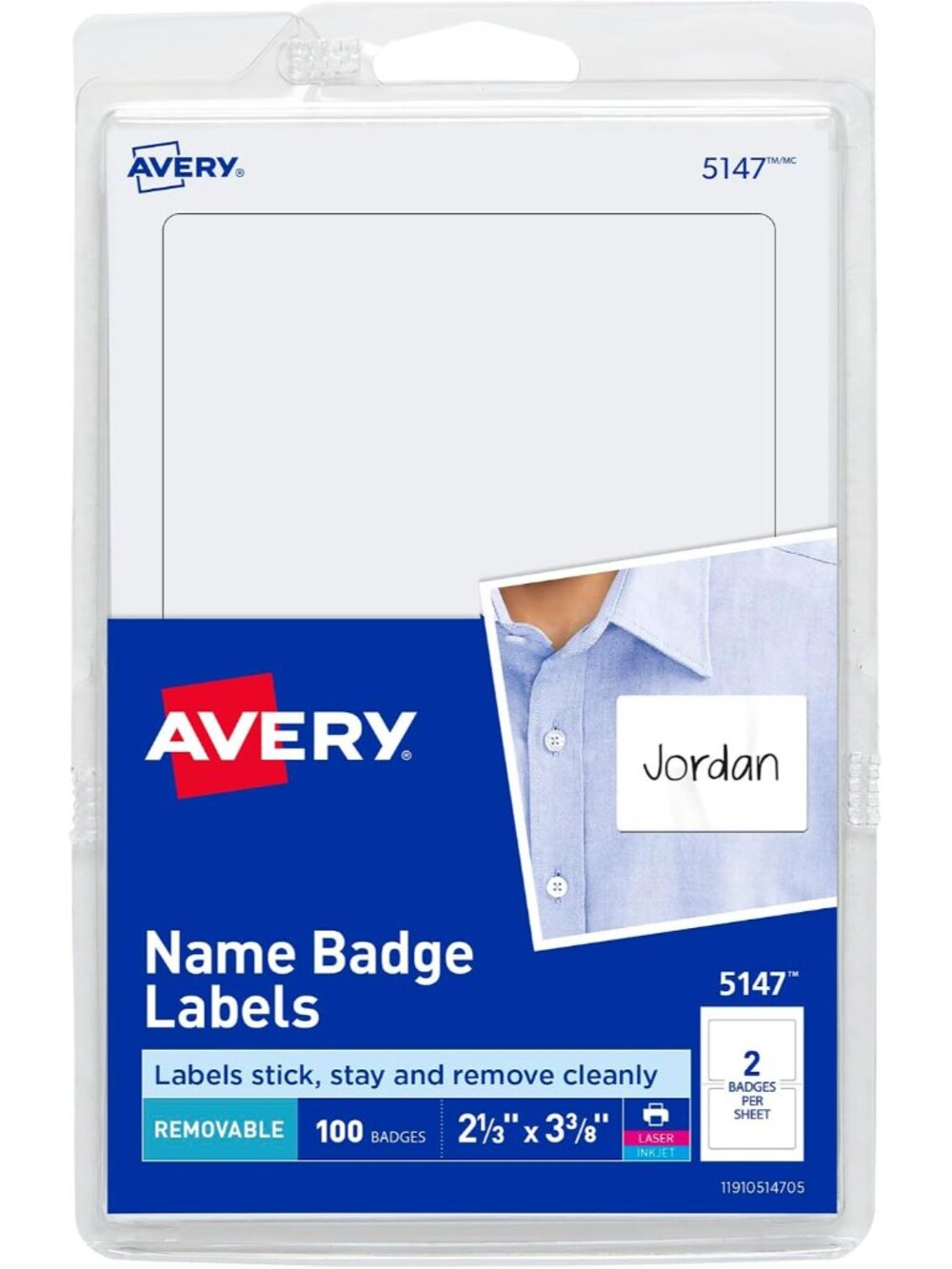 Customizable Name Tags, 2-1/3" x 3-3/8", White, 100 Removable Name Badges 05147